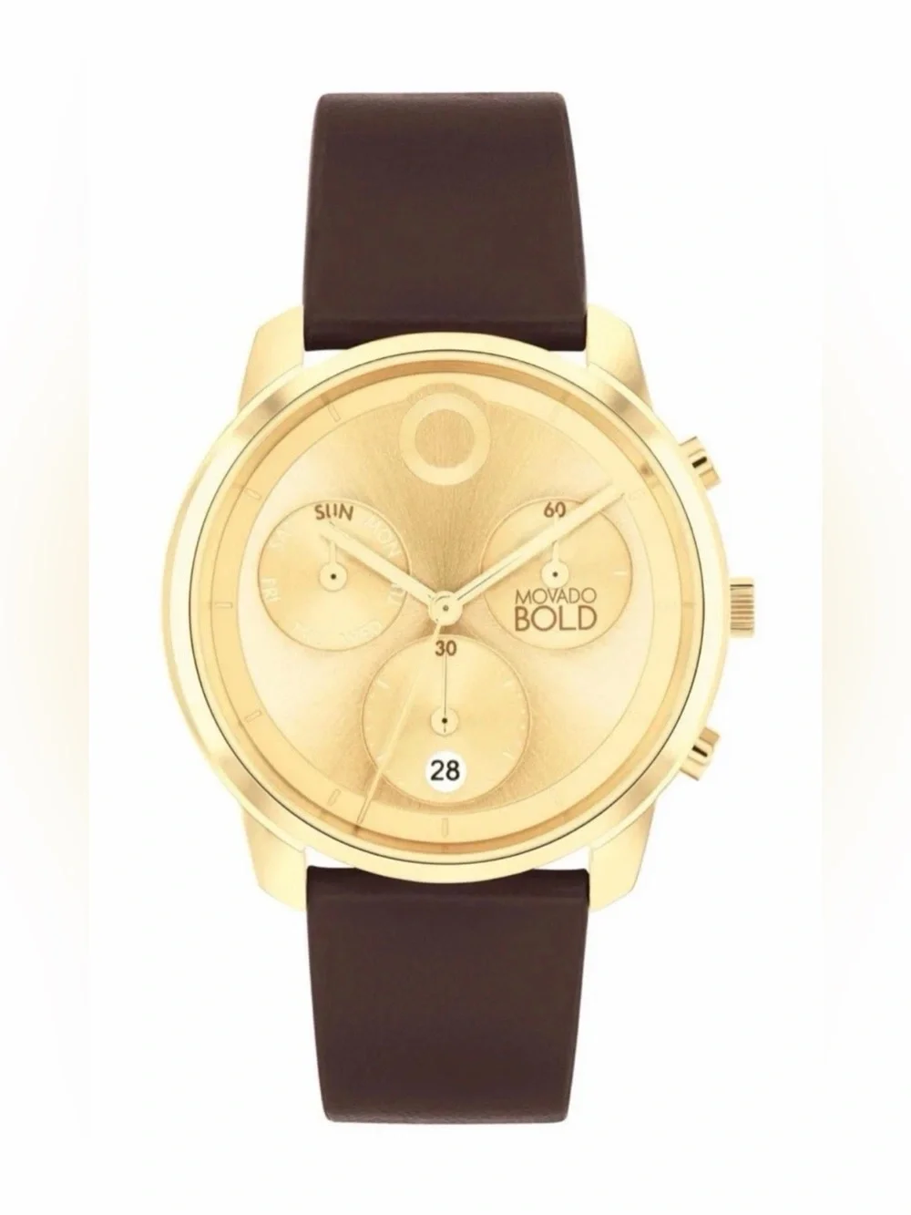 New Movado Bold Men’s Yellow Gold Brown Leather Strap Watch 3601029